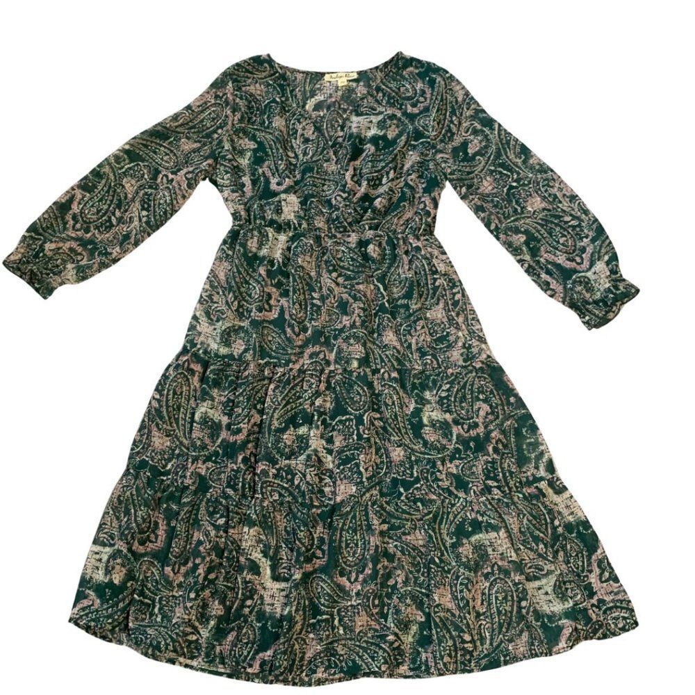 Indigo Rose Pink Dark Green Paisley Tiered Maxi Dress Size PM - Picture 6 of 7